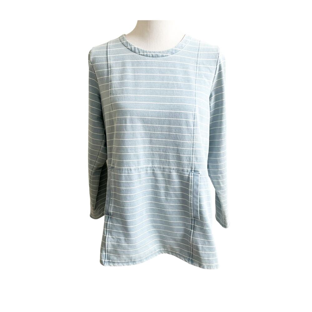 J.Jill Indigo Top Womens Petite S Blue Striped High Low Slit Pocket Minimalist